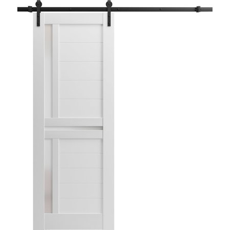 SARTODOORS Sturdy Barn Door 28 x 84in, White Silk W/ Frosted Glass, 6.6FT Rail Hangers Heavy Hardware Set VEREGIO7288BD-B-WS-2884